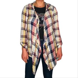 Roxy Loose Fit Plaid Hooded Long Sleeve Cover Size Large Pink Blue Yellow